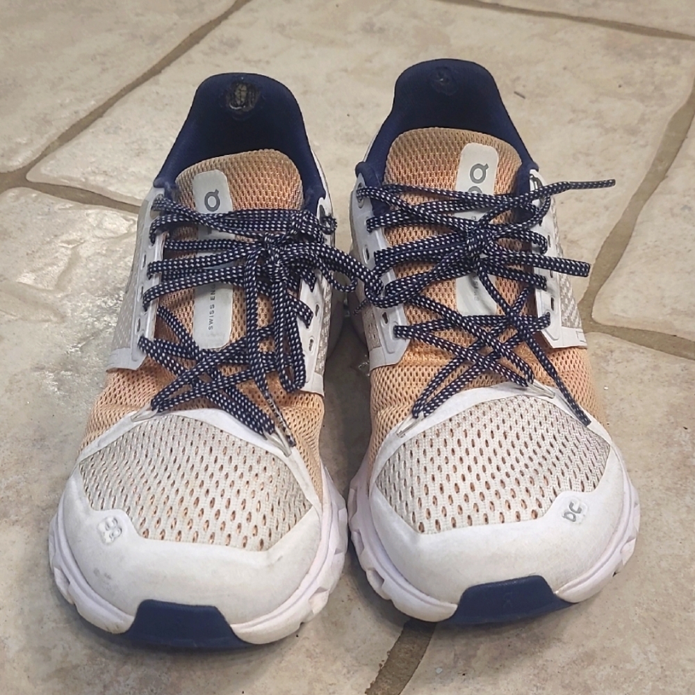 On Running Cloudstratus, Size 6.5, White, Peach, and Navy Athletic Shoes